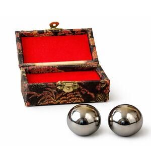 Vtg Chinese Baoding Stress Balls in Silk Brocade Box Meditation Hand Exercise
